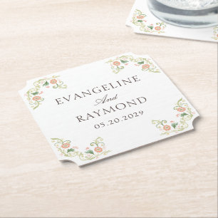 Elegant Watercolor Floral Rococo Wedding  Paper Coaster