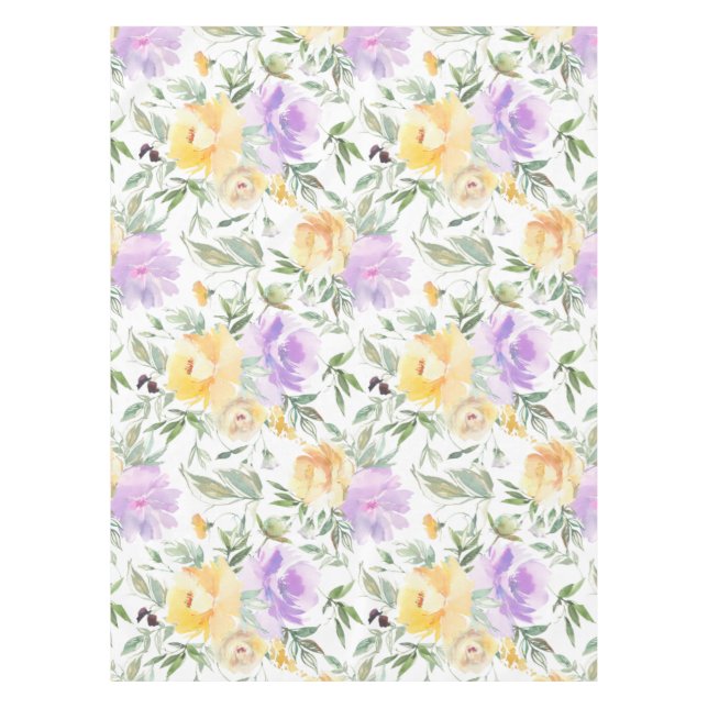 Elegant Watercolor Floral Roses Yellow Purple Tablecloth (Front)