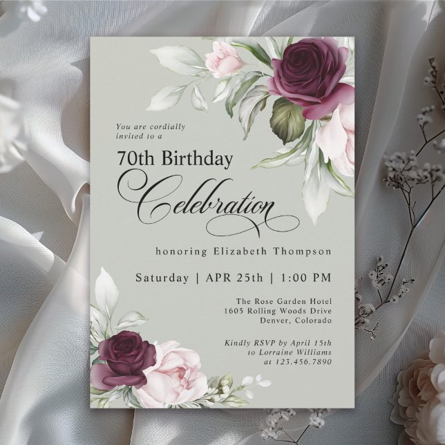 Elegant Watercolor Floral Sage 70th Birthday Invitation (Available in both printed and instant download digital formats.)