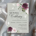 Elegant Watercolor Floral Sage Green 50th Birthday Invitation<br><div class="desc">Celebrate a special milestone birthday with this beautifully feminine 50th birthday party invitation. It features elegant floral borders in burgundy and pink roses on each side of the elegantly placed text. Colours include pale blush pink, deep burgundy red and plum mixed with ethereal greenery and tiny white accent flowers on...</div>