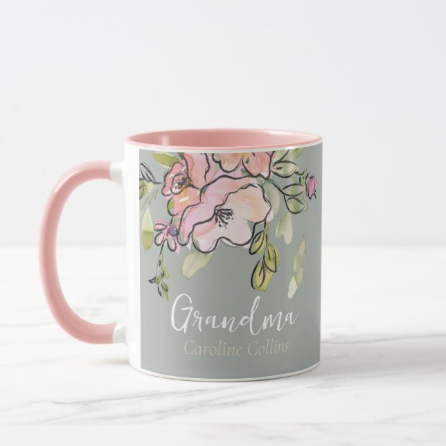 Elegant Watercolor Floral Sage Green Grandma Mug (Left)