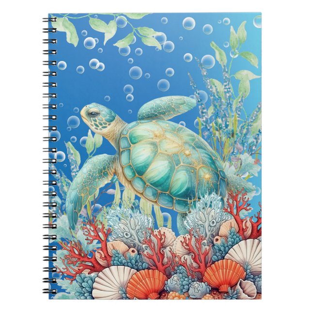Elegant Watercolor Floral Sea Turtle Notebook (Front)
