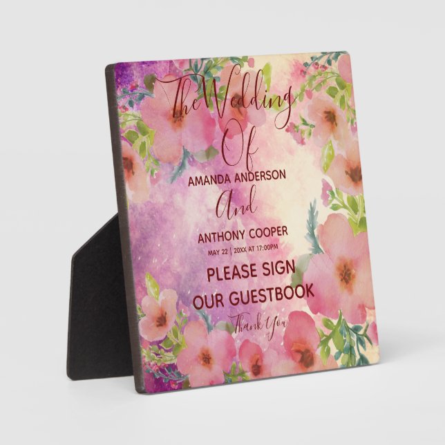 Elegant watercolor floral sign information plaque (Front)