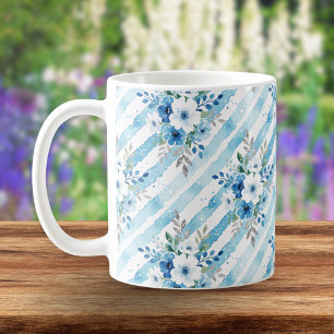 Elegant Watercolor Floral Stripe Blue Cottagecore Coffee Mug