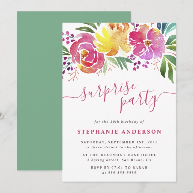 Elegant Watercolor Floral Surprise Party Invites (Front/Back)