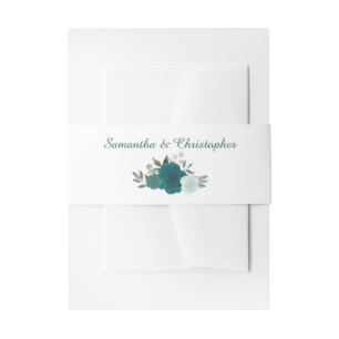 Elegant Watercolor Floral Teal Aqua Roses Wedding Invitation Belly Band
