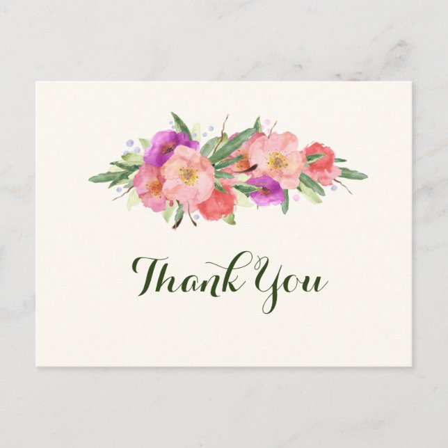Elegant Watercolor Floral Thank You Postcard (Front)