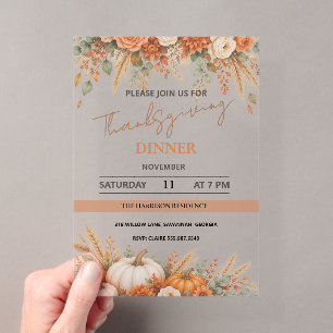 Elegant Watercolor Floral Thanksgiving Pumpkin Acrylic Invitations