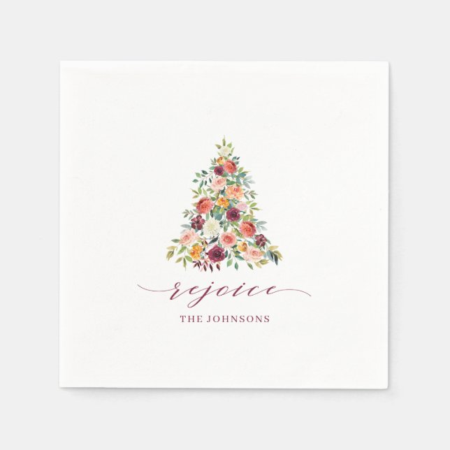Elegant Watercolor Floral Tree Rejoice with Name Napkin (Front)