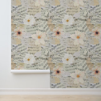 Elegant Watercolor Floral Vintage Sheet Music Wallpaper