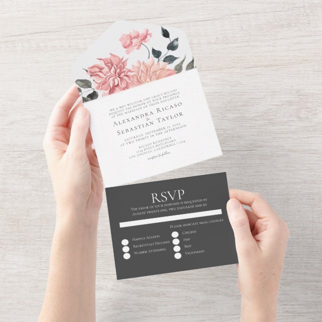 Elegant Watercolor Floral Wedding All In One Invitation (Tearaway)