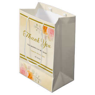 Elegant Watercolor Floral Wedding Gold Thank You Medium Gift Bag