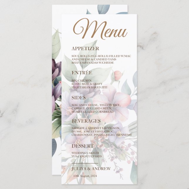 Elegant watercolor floral Wedding Menu card  (Front/Back)