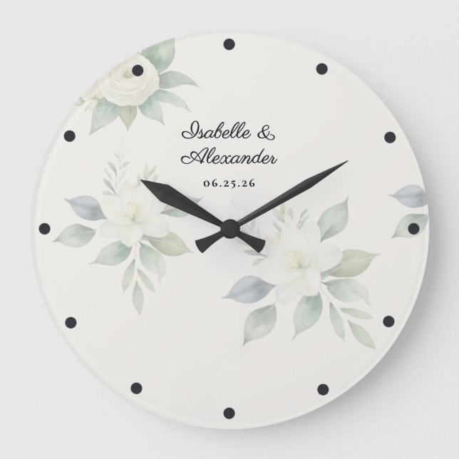 Elegant Watercolor Floral Wedding Personalized Large Clock (Front)