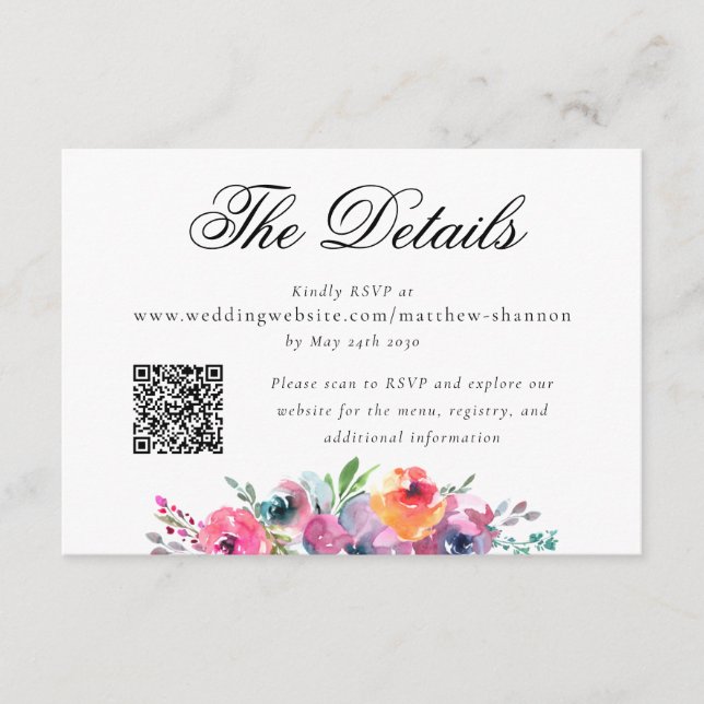 Elegant Watercolor Floral Wedding RSVP Details Enclosure Card (Front)