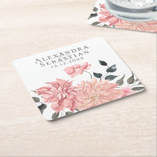 Elegant Watercolor Floral Wedding Square Paper Coaster