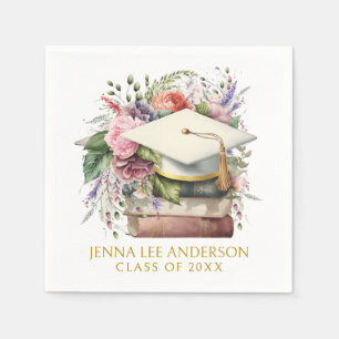 Elegant Watercolor Floral White Cap Graduation Napkin