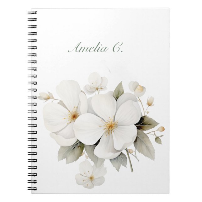Elegant Watercolor Floral White Notebook (Front)