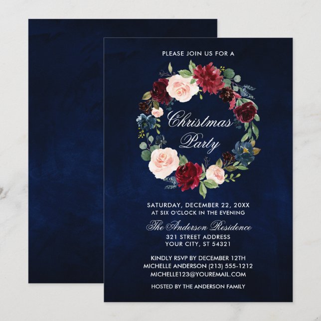 Elegant Watercolor Floral Wreath Christmas Party Invitation (Front/Back)