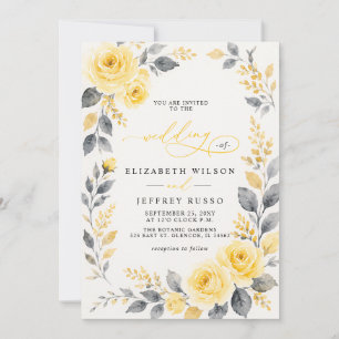 Elegant Watercolor Floral Yellow Grey Wedding Invitation
