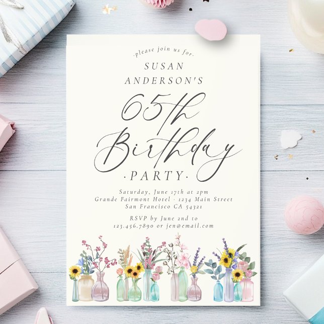 Elegant Watercolor Florals 65th Birthday Party Invitation (Creator Uploaded)