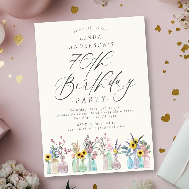 Elegant Watercolor Florals 70th Birthday Party  Invitation (Creator Uploaded)