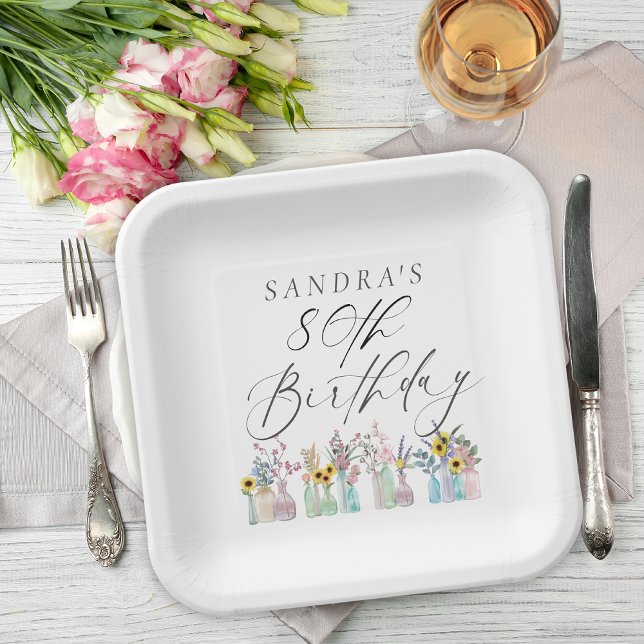 Elegant Watercolor Florals 80th Birthday  Paper Plate (Creator Uploaded)
