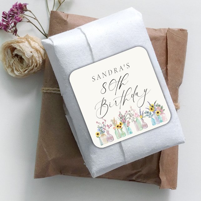 Elegant Watercolor Florals 80th Birthday  Square Sticker (Creator Uploaded)