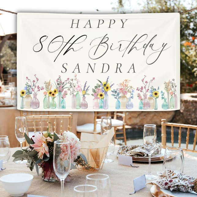 Elegant Watercolor Florals Happy 80th Birthday  Banner (Creator Uploaded)