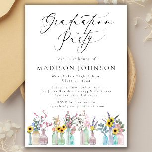 Elegant Watercolor Florals Script Graduation Party Invitation