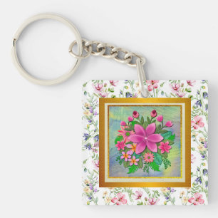 Elegant Watercolor Flower Botanical Spring Bouquet Keychain