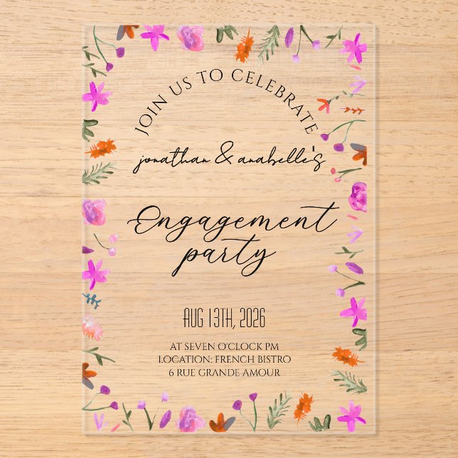 Elegant Watercolor Flower Engagement Celebration Acrylic Invitations (Front)