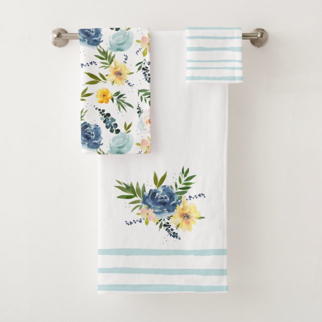 Elegant Watercolor Flower Roses Blue Yellow Bath Towel Set (Insitu)