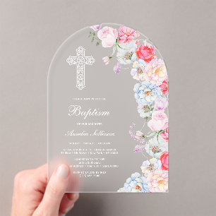 Elegant Watercolor Flowers Arch Baptism Acrylic Invitations