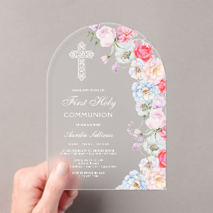 Elegant Watercolor Flowers Arch First Communion Acrylic Invitations