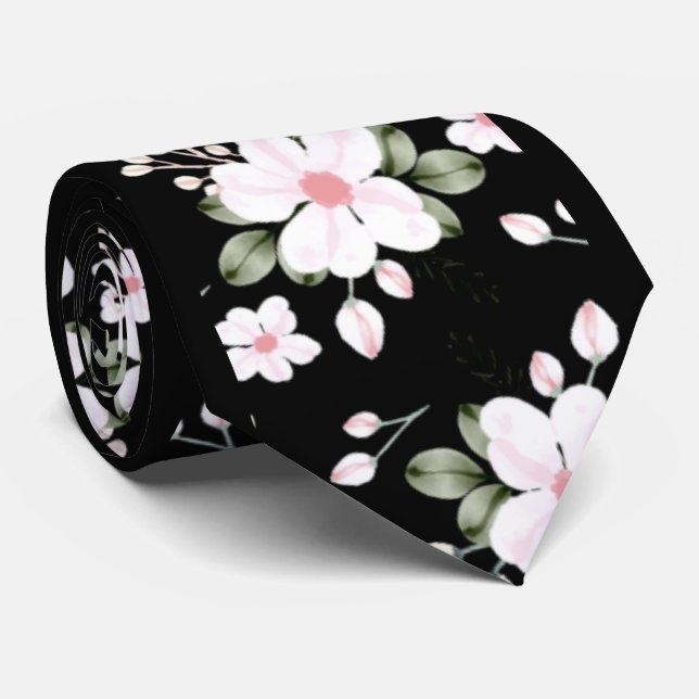  Elegant Watercolor Flowers Black and White Rose Tie (Rolled)