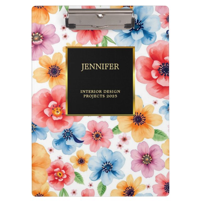 Elegant watercolor flowers black gold professional clipboard (Front)