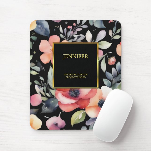 Elegant watercolor flowers black gold professional mouse pad (With Mouse)