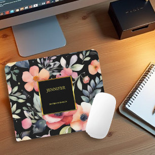 Elegant watercolor flowers black gold professional mouse pad