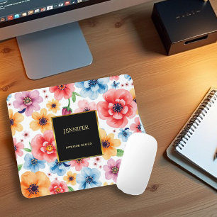 Elegant watercolor flowers black gold professional mouse pad