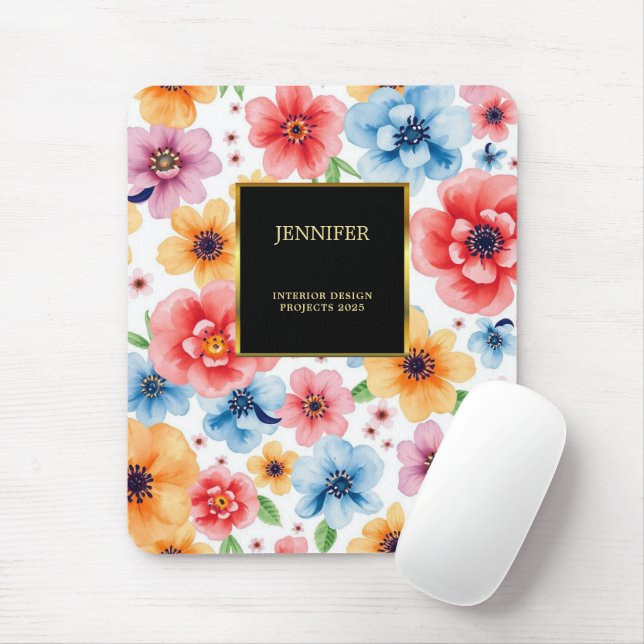 Elegant watercolor flowers black gold professional mouse pad (With Mouse)