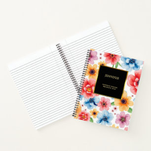 Elegant watercolor flowers black gold professional notebook