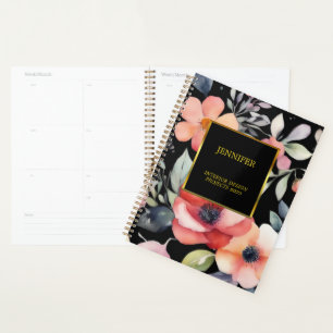 Elegant watercolor flowers black gold professional planner