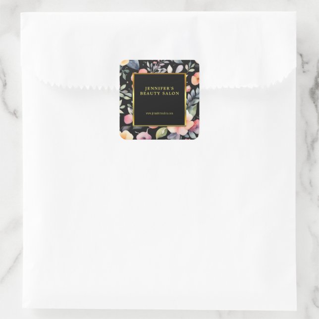 Elegant watercolor flowers black gold professional square sticker (Bag)