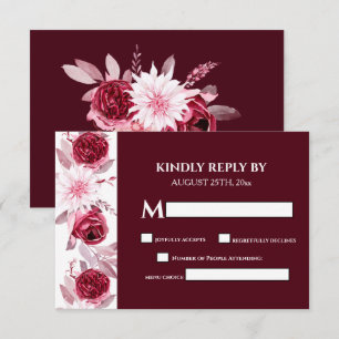 Elegant Watercolor Flowers Burgundy Wedding RSVP Card