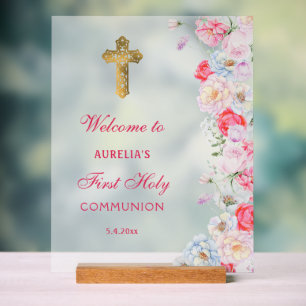 Elegant Watercolor Flowers First Communion Welcome Acrylic Sign