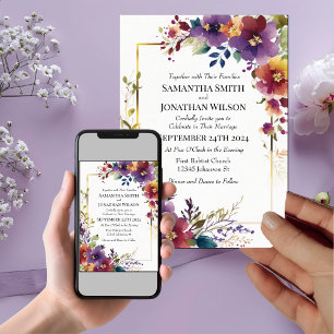 Elegant Watercolor Flowers Gold Frame Wedding  Invitation