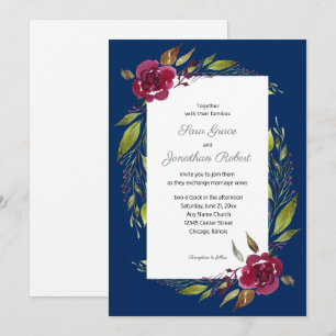 Elegant Watercolor Flowers Navy Blue Wedding Invitation