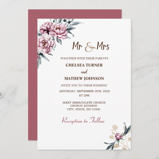 Elegant watercolor flowers peonies invitation (Front/Back)