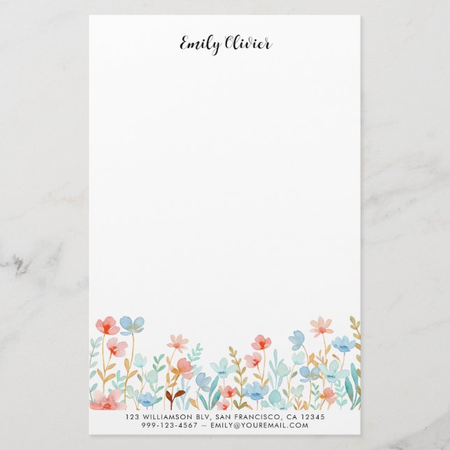 Elegant Watercolor Flowers Personalize Text Stationery (Front)
